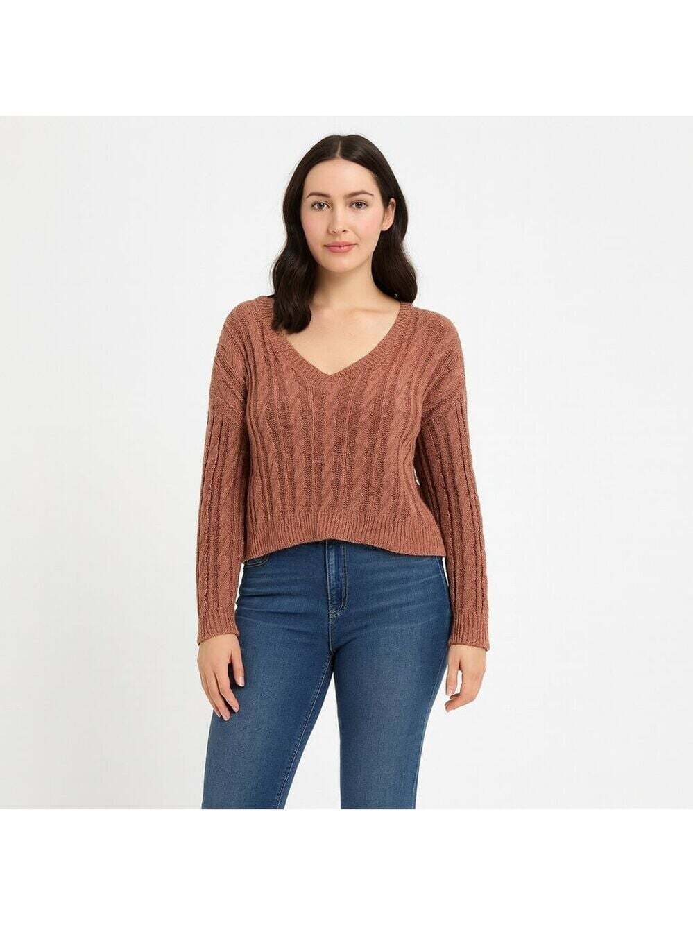 Elizabeth & James Cable Knit Sweater XS Brown Crew Neck Cozycore Chiccore